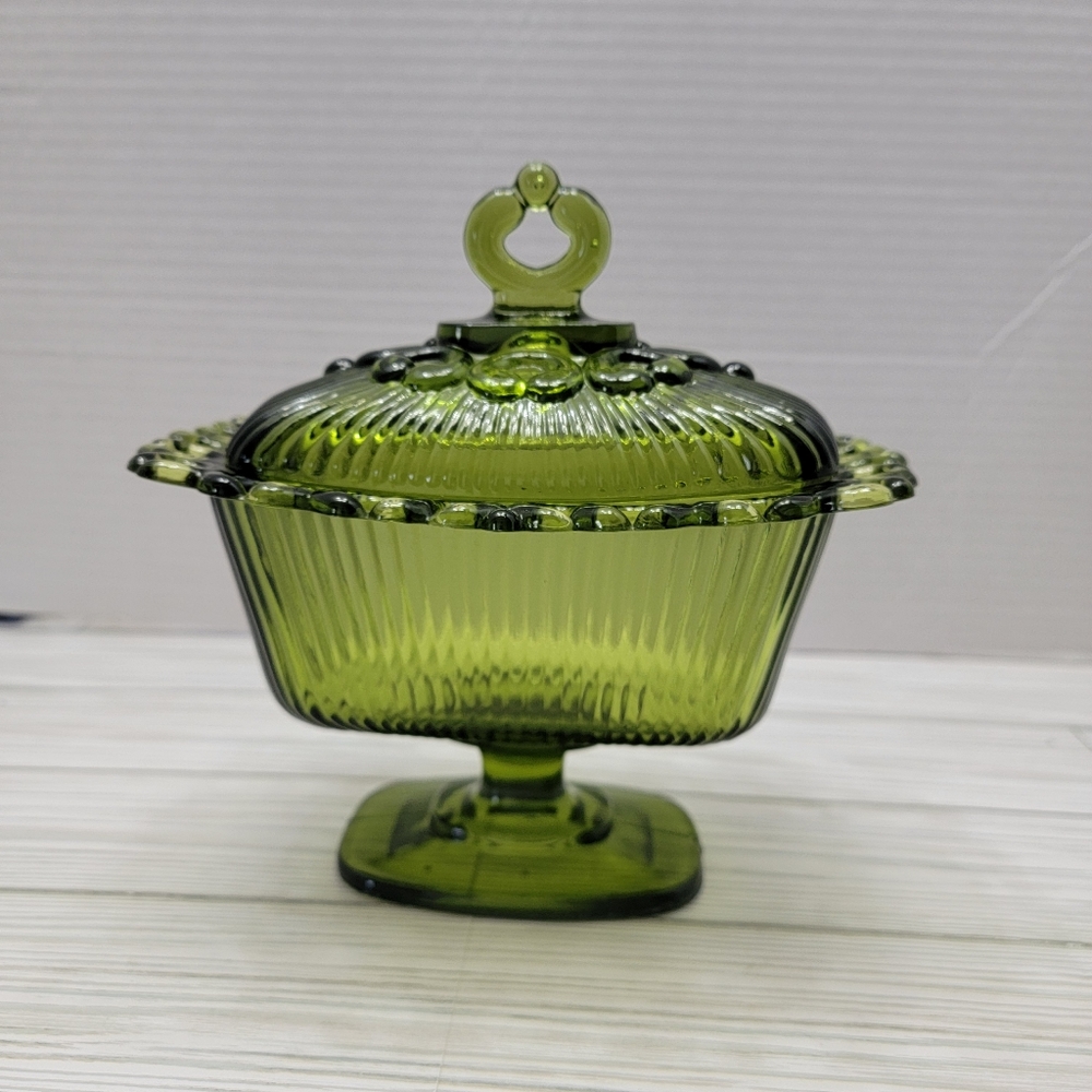 Indiana Glass Open Lace Edge Pedestal Candy Dush Avocado Green With Lid VTG - Picture 3 of 14